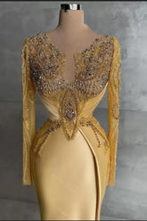 Exquisite Long Gold Mermaid Lace Beading Prom Evening Dresses with Long Sleeves